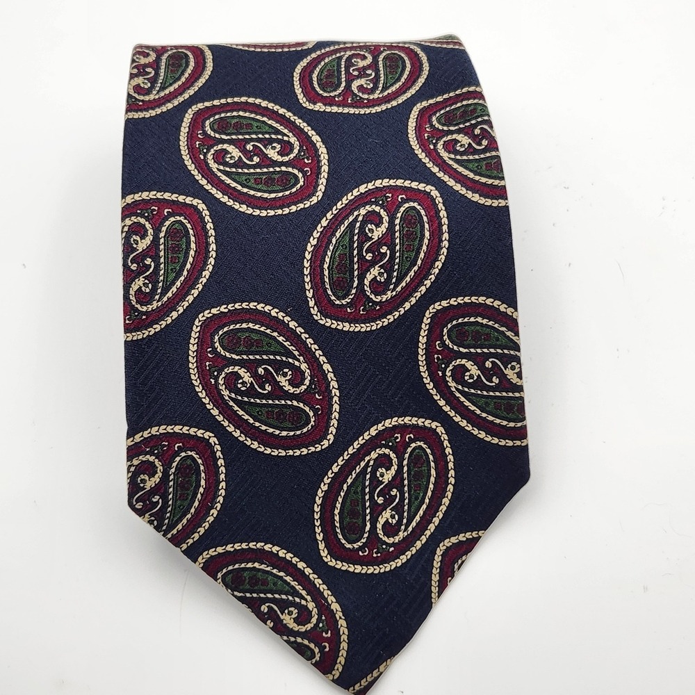 Brooks Brothers Mens Silk Necktie Tie Paisley Print‎ Navy Blue Maroon Swirls